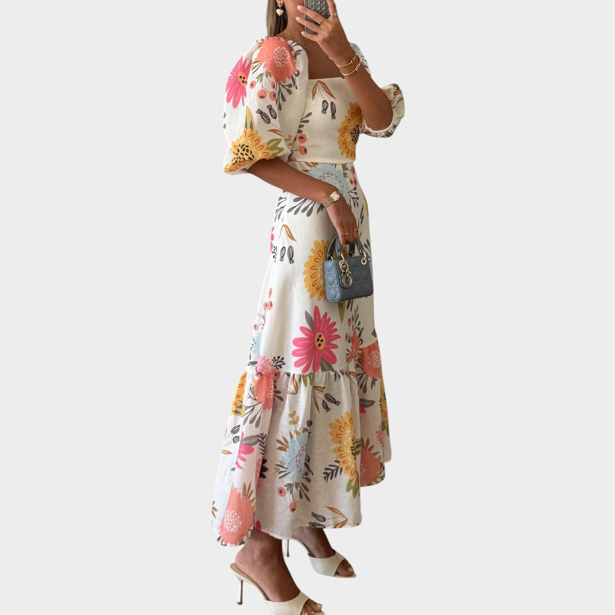 Women’s Floral Midi Dress with Puff Sleeves Square Neckline