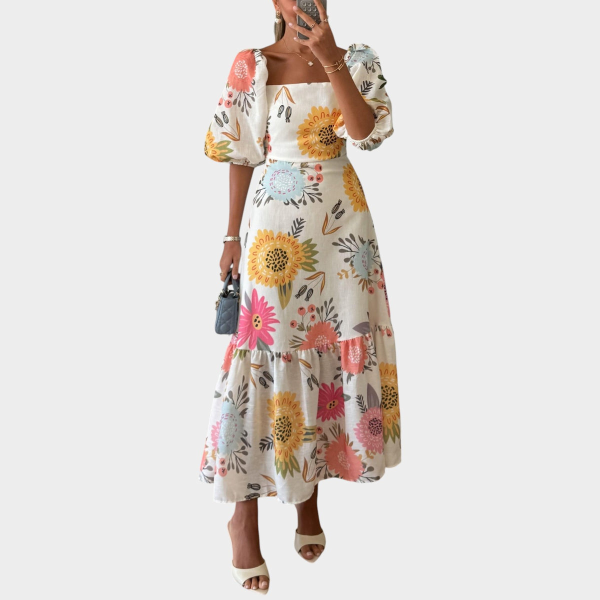 Women’s Floral Midi Dress with Puff Sleeves Square Neckline