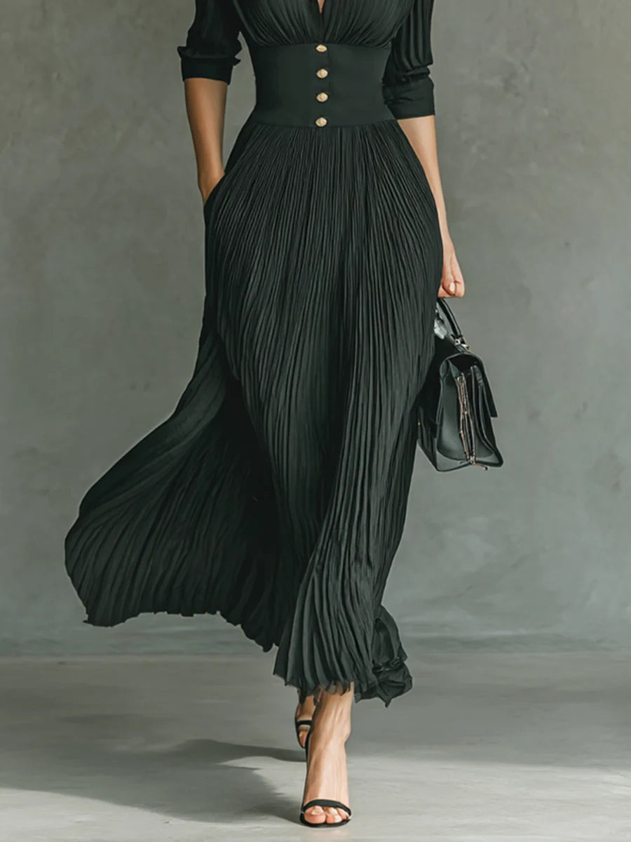 Lindsay™ | Chic Pleated Lapel Maxi Dress