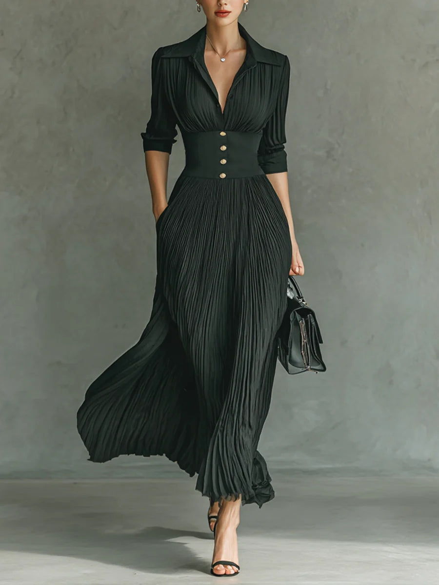 Lindsay™ | Chic Pleated Lapel Maxi Dress