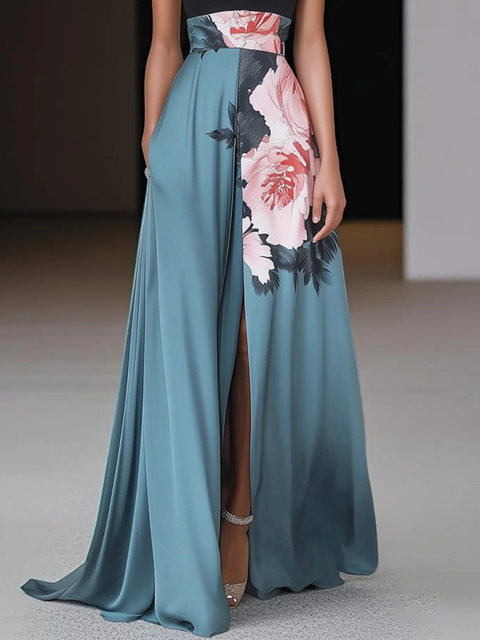 Janelle™ Black Floral A-Line Maxi Dress with Slit - Classic Crew Neck, Sleeveless