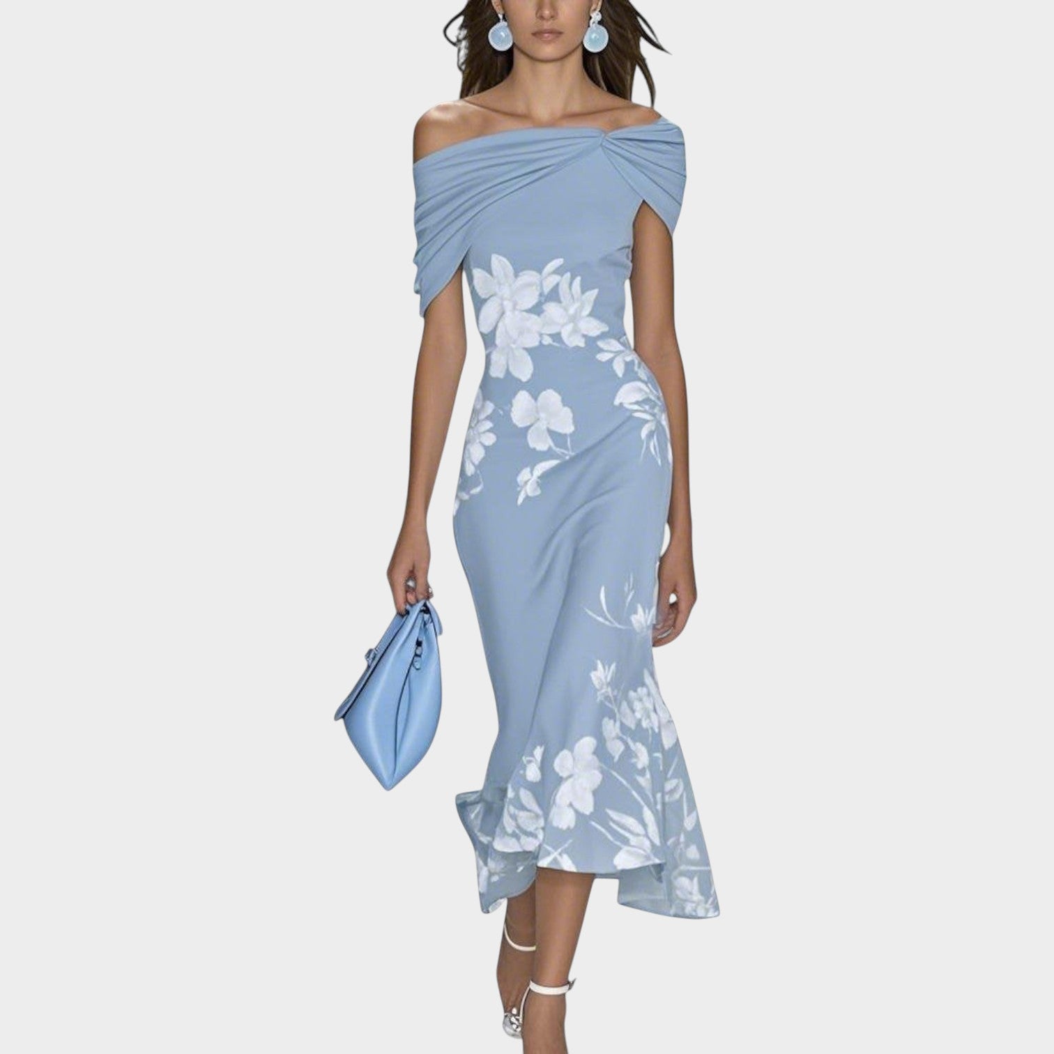 Off-Shoulder Floral Midi Wedding Guest Dress