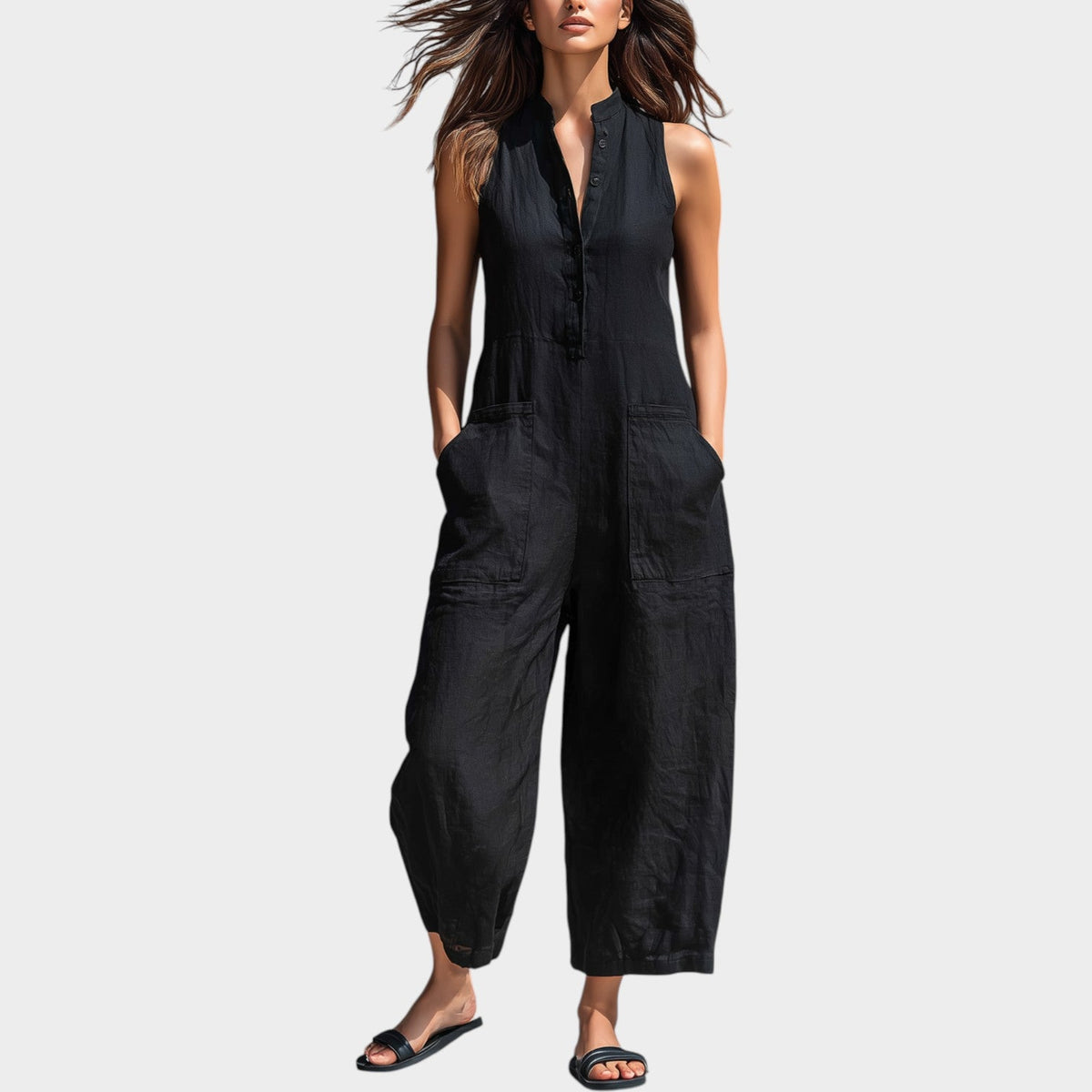Women's Jumpsuit Sleeveless Linen Button‑Front
