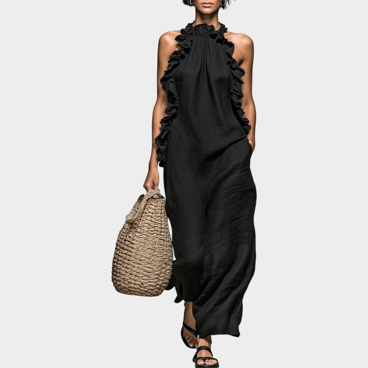 Women’s Sleeveless Maxi Dress with Ruffle Details and High Neckline
