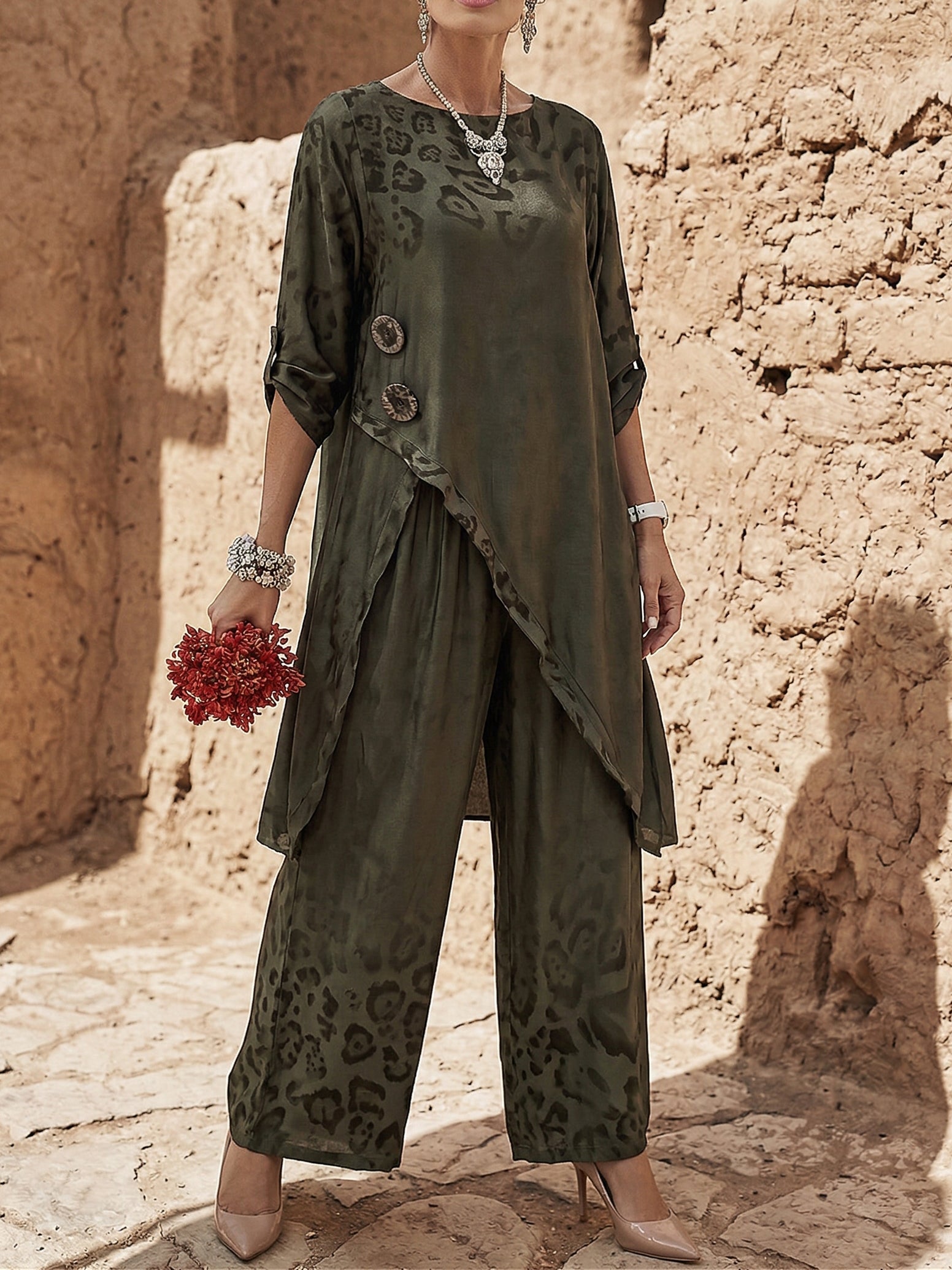 Printed Tunic Top & Wide-Leg Pants Set