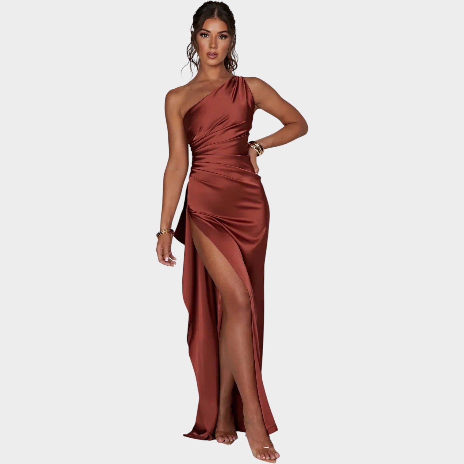 Satin One Shoulder Formal Maxi Dress