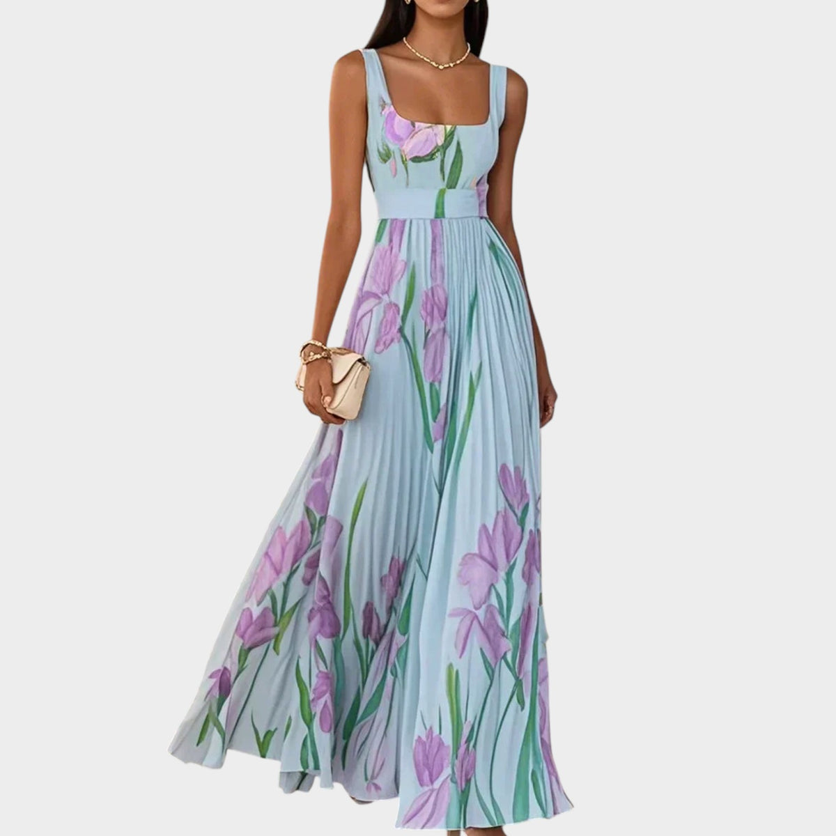 Women’s Pleated Maxi Dress Floral Print Square Neck Sleeveless