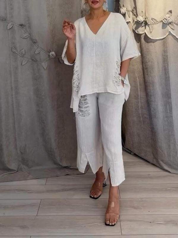 Pearl | Women's Casual V-Neck Top & Cropped Pants 2-Piece Set
