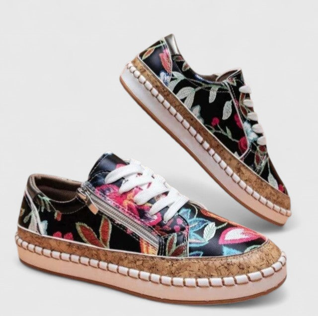 Dahlia | Women's Floral Lace-Up Platform Sneakers with Cork Sole
