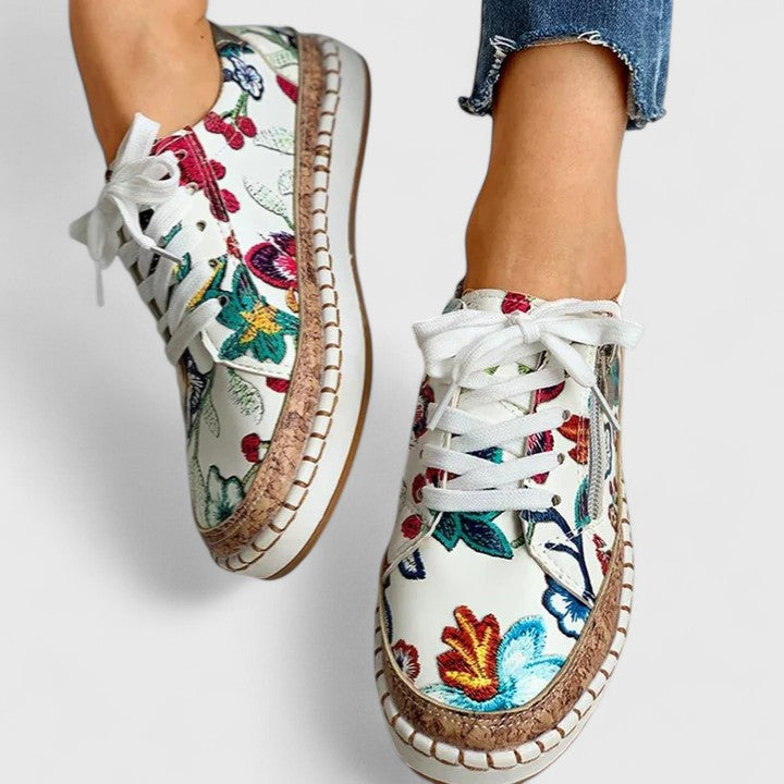 Dahlia | Women's Floral Lace-Up Platform Sneakers with Cork Sole