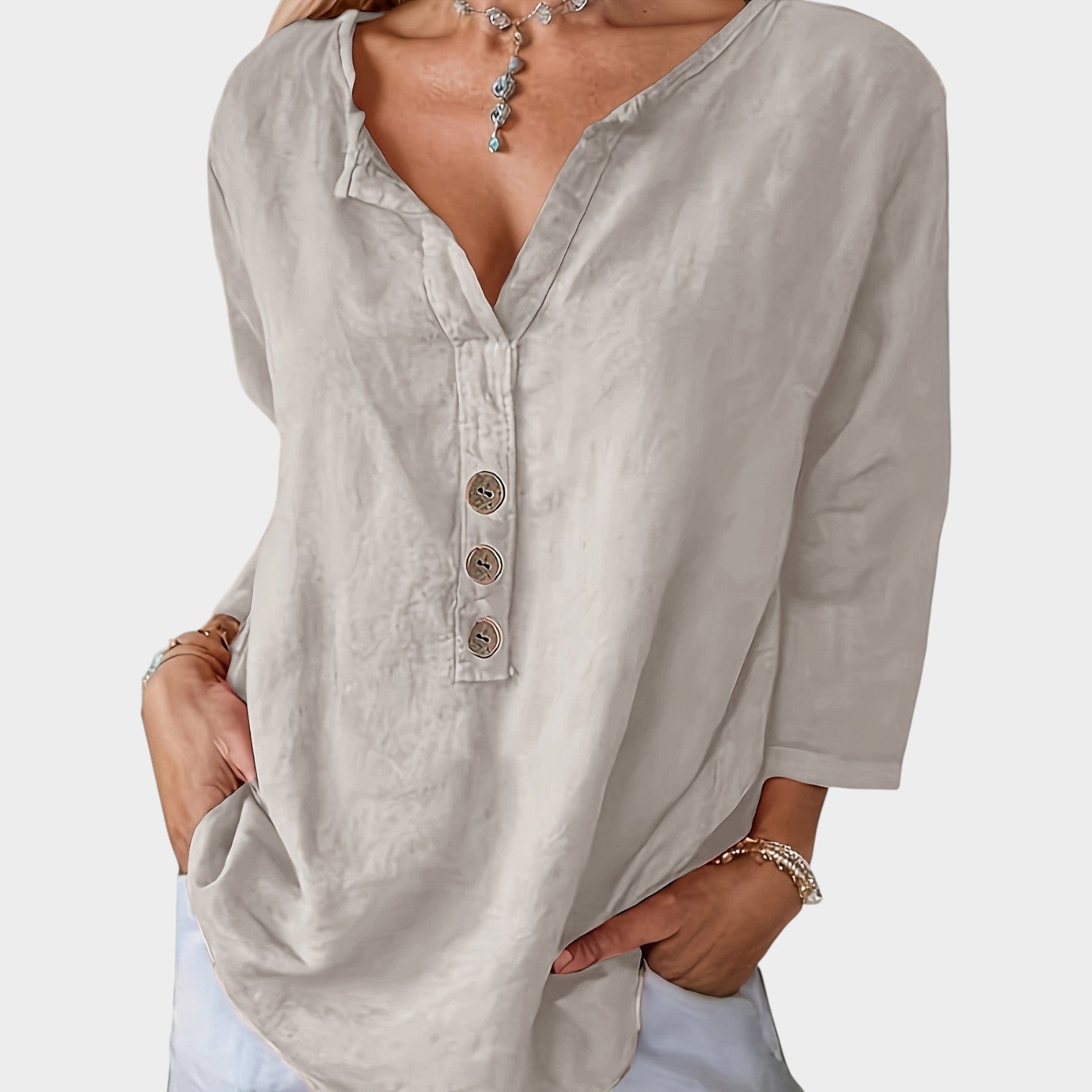 Button Up V-Neck Blouse