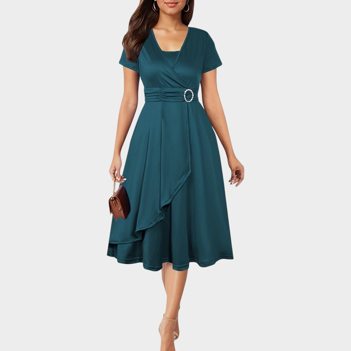 Women’s Wrap Midi Dress with Short Sleeves and Rhinestone Waist Detail