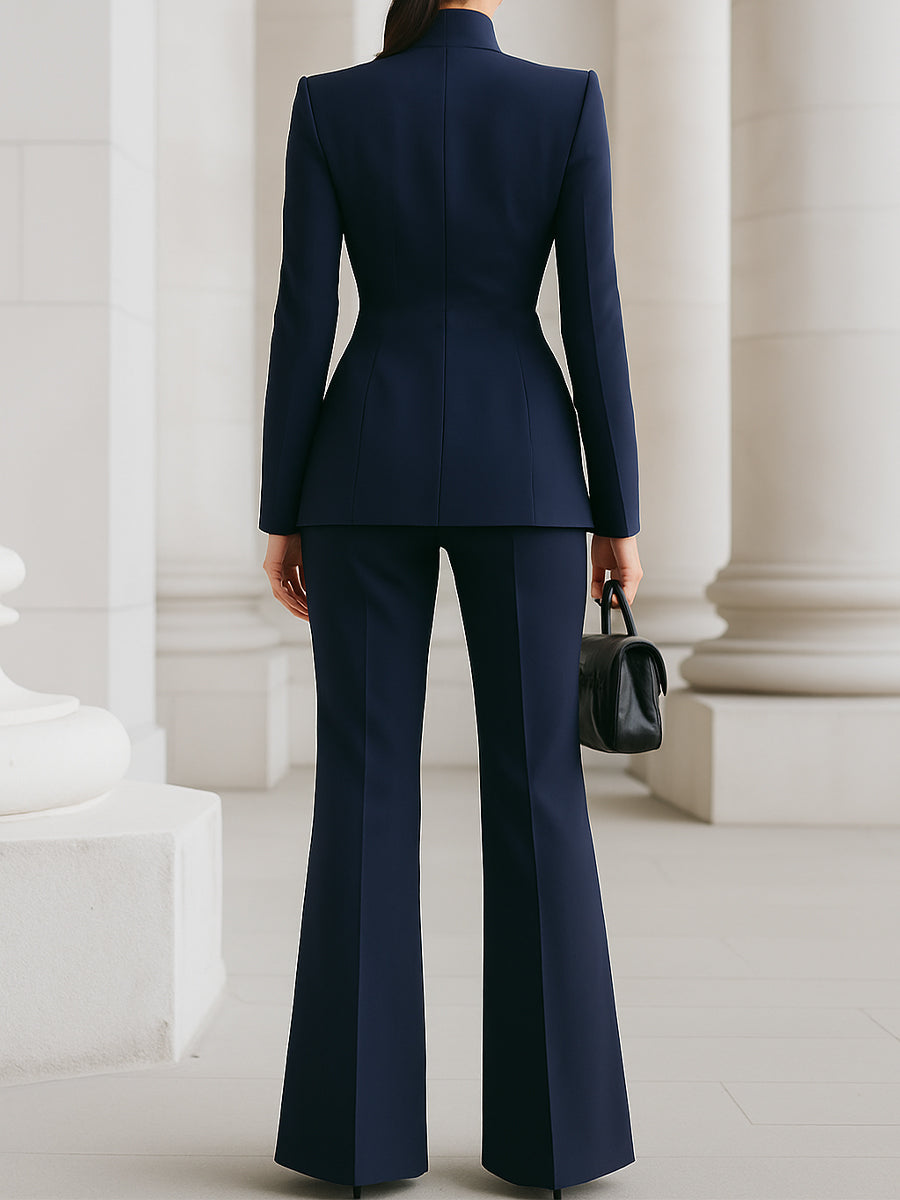 Celeste | Women's Blazer with Stand Collar & Wide Leg Pants Suit Ensemble