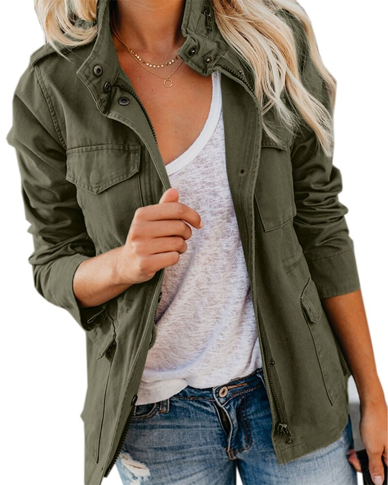 Brynn | Women's Khaki Utility Jacket with Zip Front