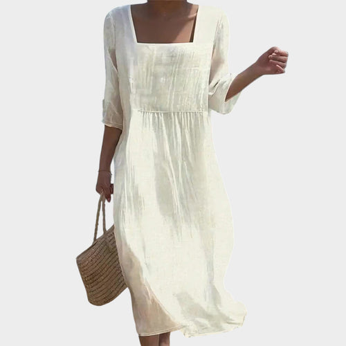 Women’s Casual Midi Dress with Square Neckline and Three-Quarter Sleeves
