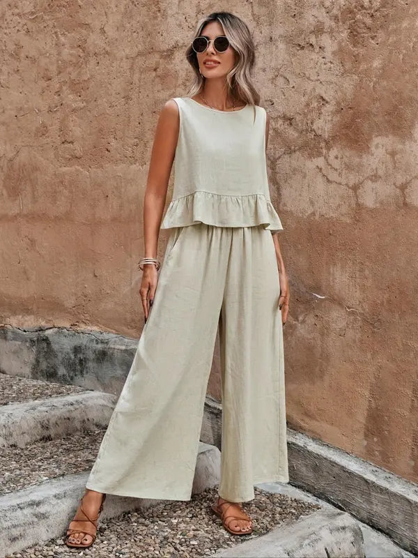 Sage | Women's Ruffled Sleeveless Top and Wide-Leg Pants Ensemble