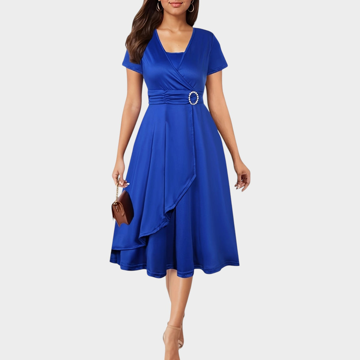 Women’s Wrap Midi Dress with Short Sleeves and Rhinestone Waist Detail