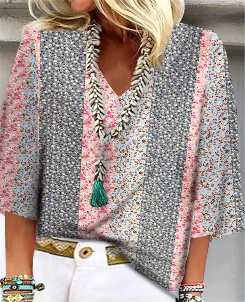 Mosaic Women's V-Neck 3/4 Sleeve Top in Ditsy Floral Patchwork