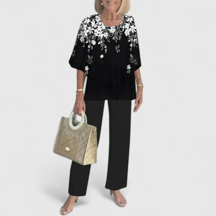 Fern | Women's Floral Print Casual Top & Wide-Leg Pants Ensemble