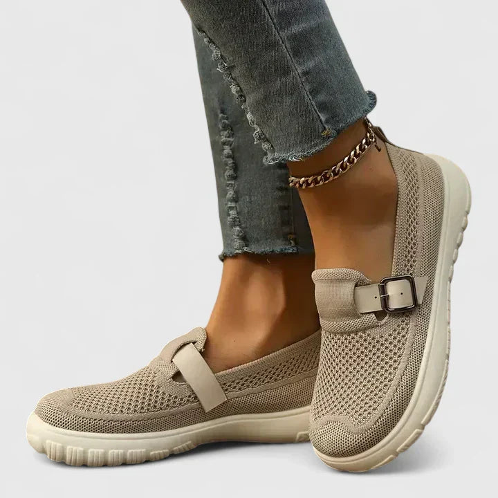 Sara | Women's Mesh Slip-On Sneakers Featuring Buckle Strap Accent