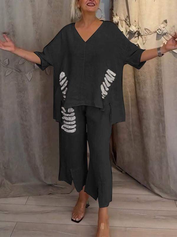 Pearl | Women's Casual V-Neck Top and Cropped Pants 2-Piece Set