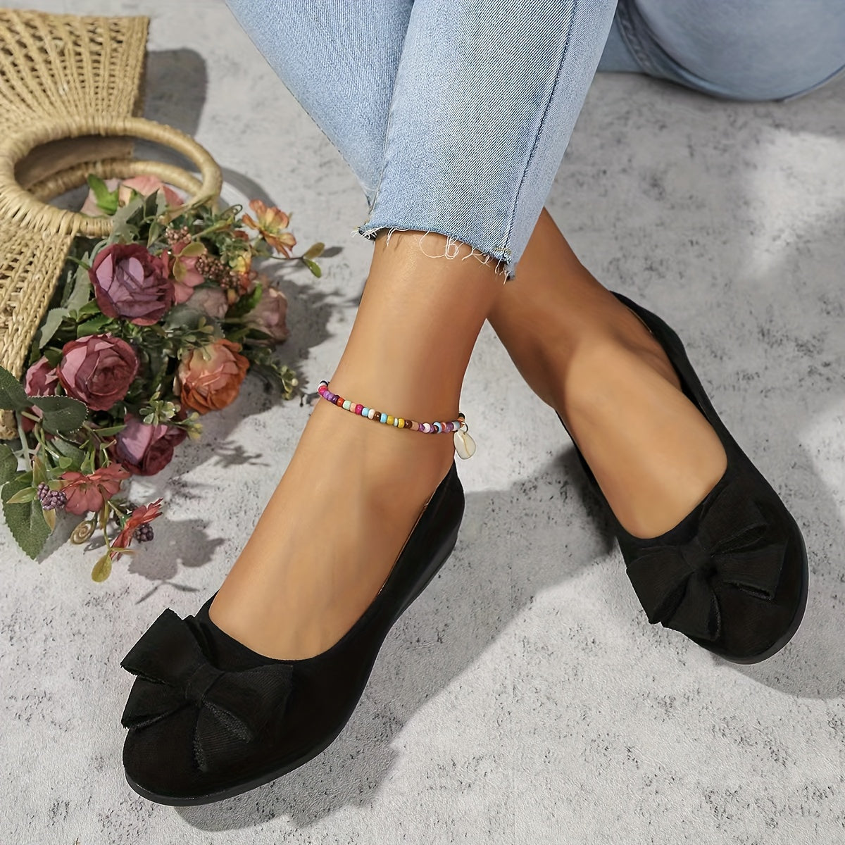 Bella | Women's Slip-On Ballet Flats with Bow Detail and Round Toe