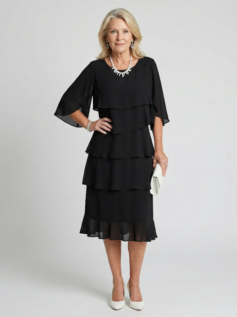 Cassia | Women's Midi Dress with Tiered Flutter Sleeves