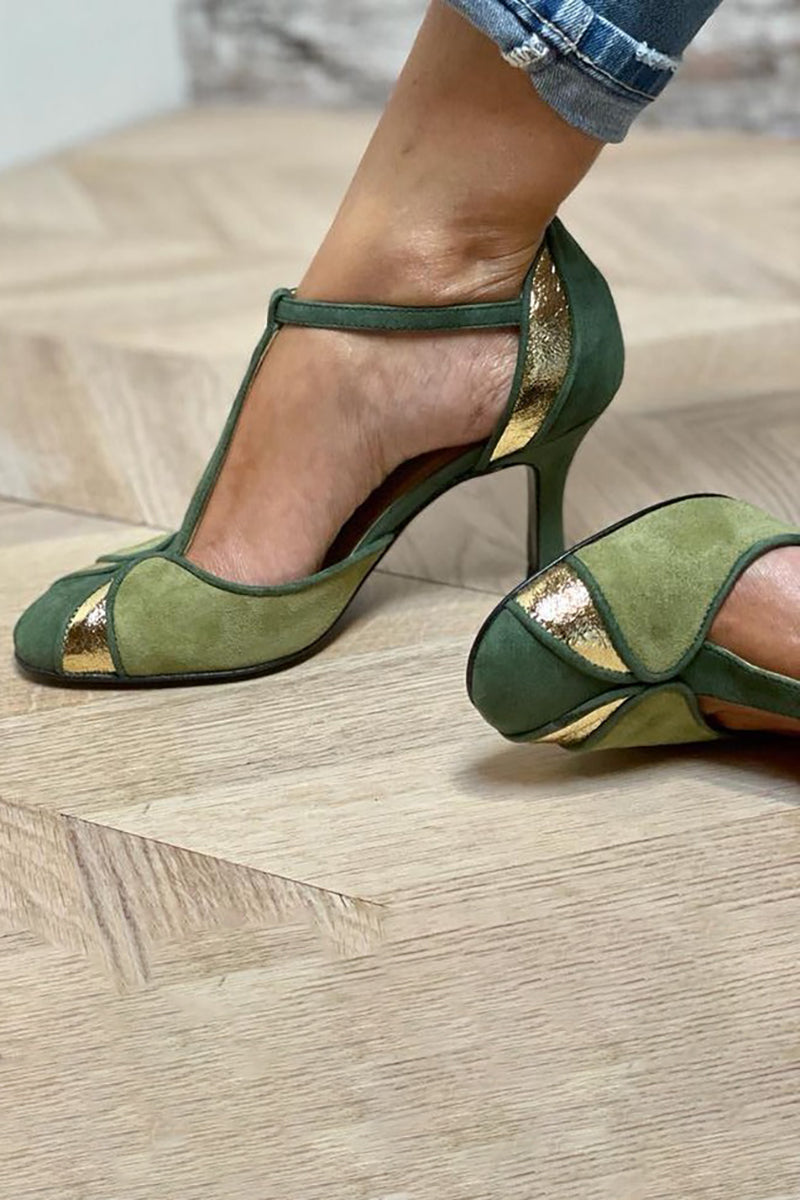 Taviana™ | T-Strap Closed Toe Patchwork Heels