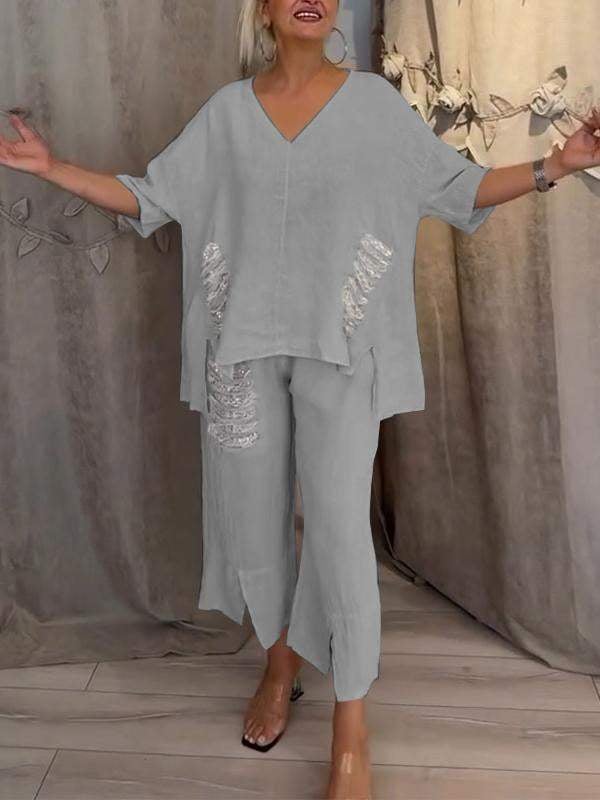 Pearl | Women's Casual V-Neck Top & Cropped Pants 2-Piece Set