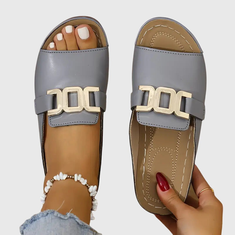 Slide On Gold Buckle Sandals