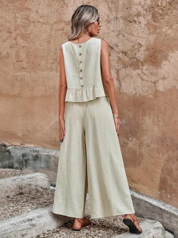 Sage | Women's Ruffled Sleeveless Top and Wide-Leg Pants Ensemble