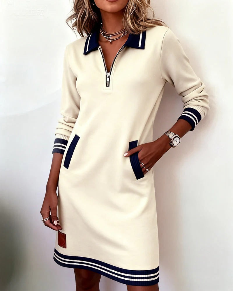 Chloe | Women's Midi Dress with Zip Front and Collared Design