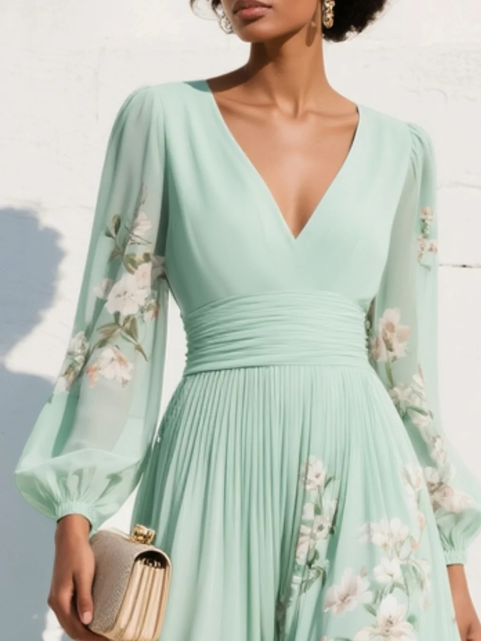Clementina | Women's Floral V-Neck Midi Dress" can be rewritten as:

"Clementina | Women's Midi Dress with Floral V-Neck Design