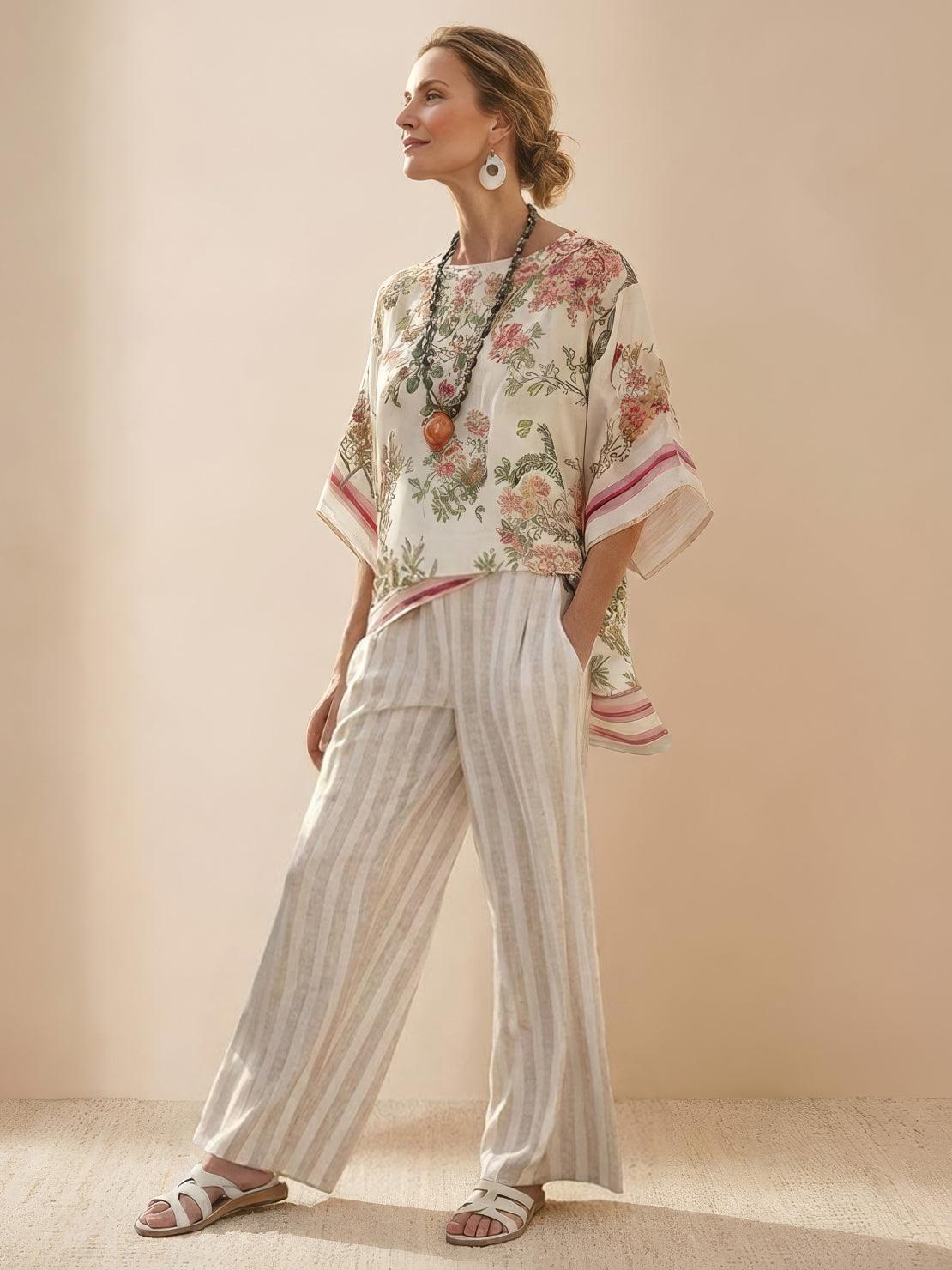 Paloma | Women's Striped Wide-Leg Pants and Tee Set - Casual Two-Piece Outfit