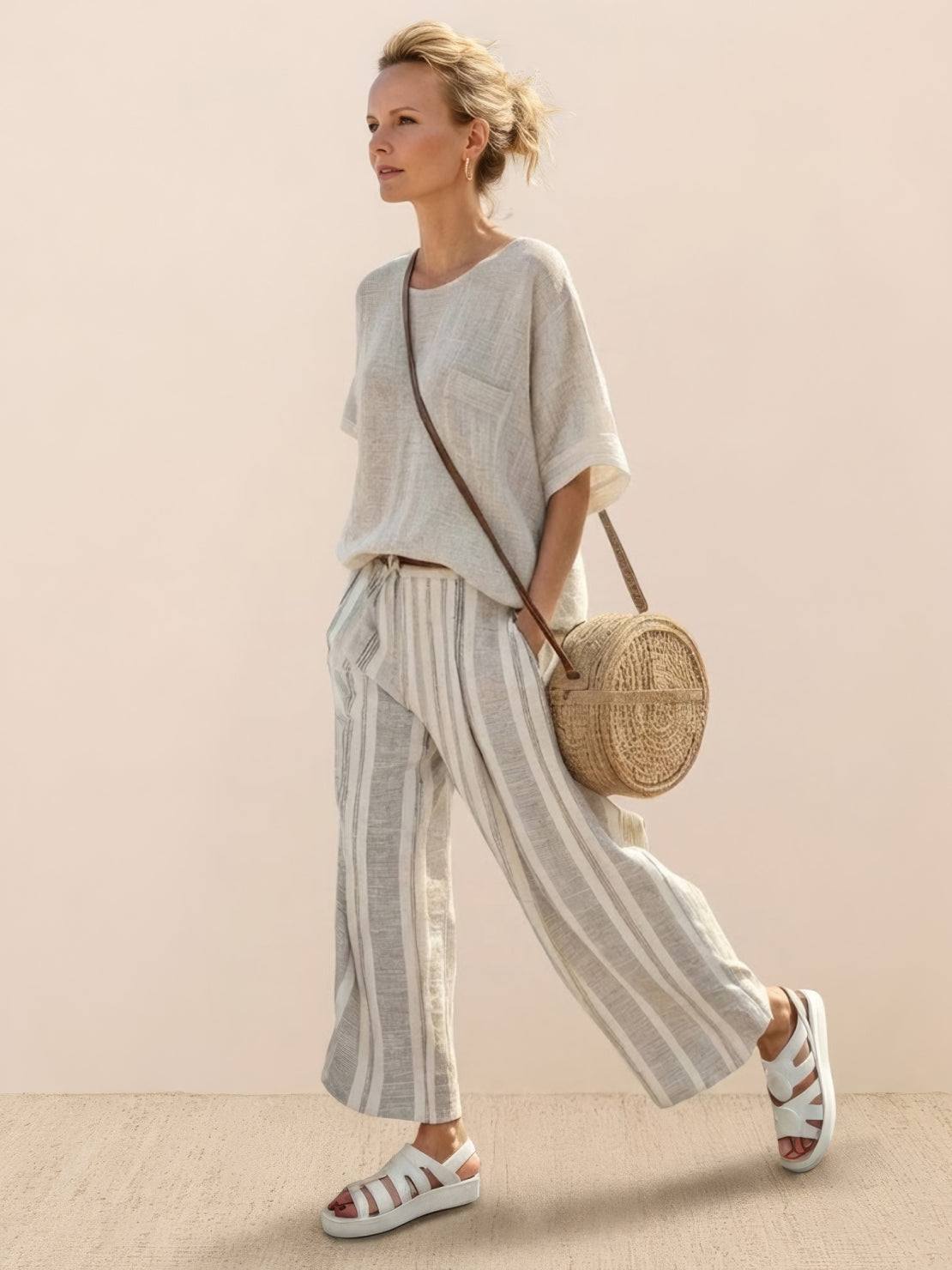 Paloma | Women's Striped Wide-Leg Pants and Tee Set - Casual Two-Piece Outfit