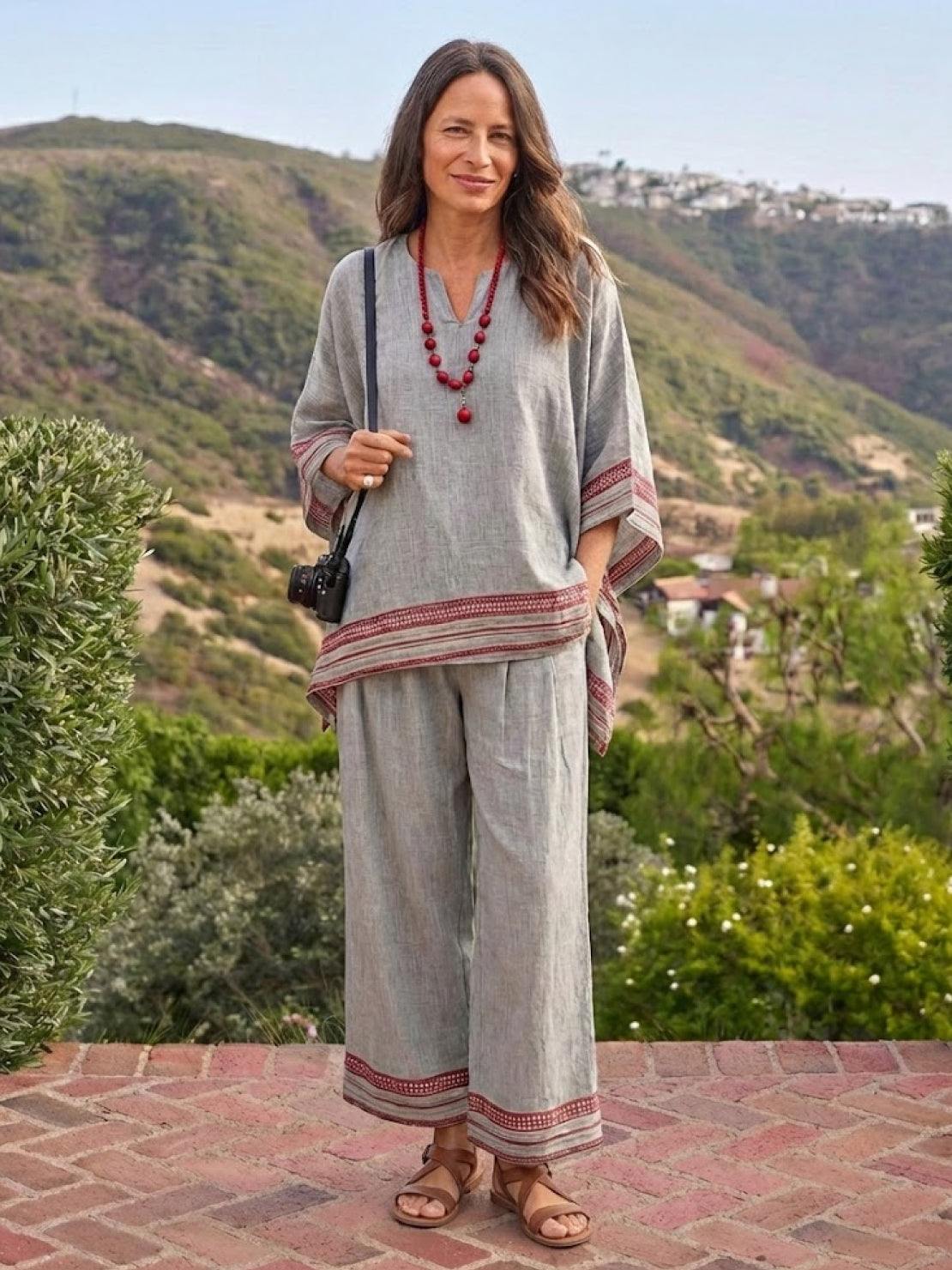 Paloma | Women's Striped Wide-Leg Pants and Tee Set - Casual Two-Piece Outfit