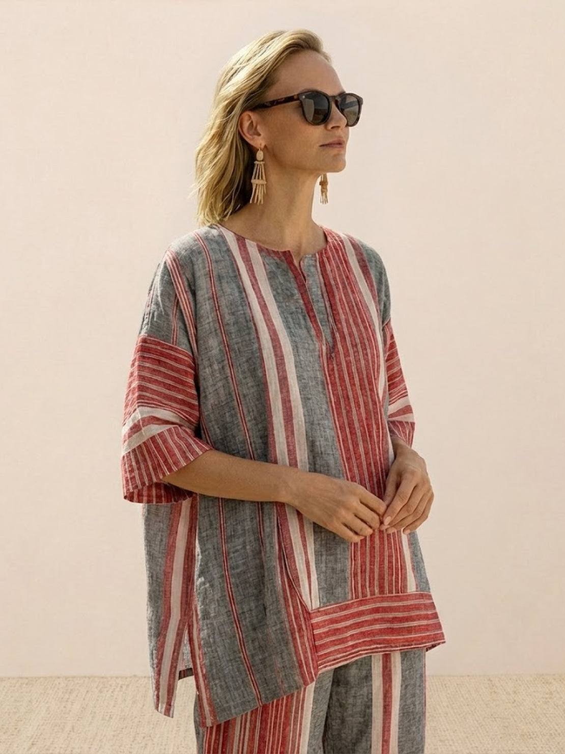 Paloma | Women's Striped Wide-Leg Pants and Tee Set - Casual Two-Piece Outfit