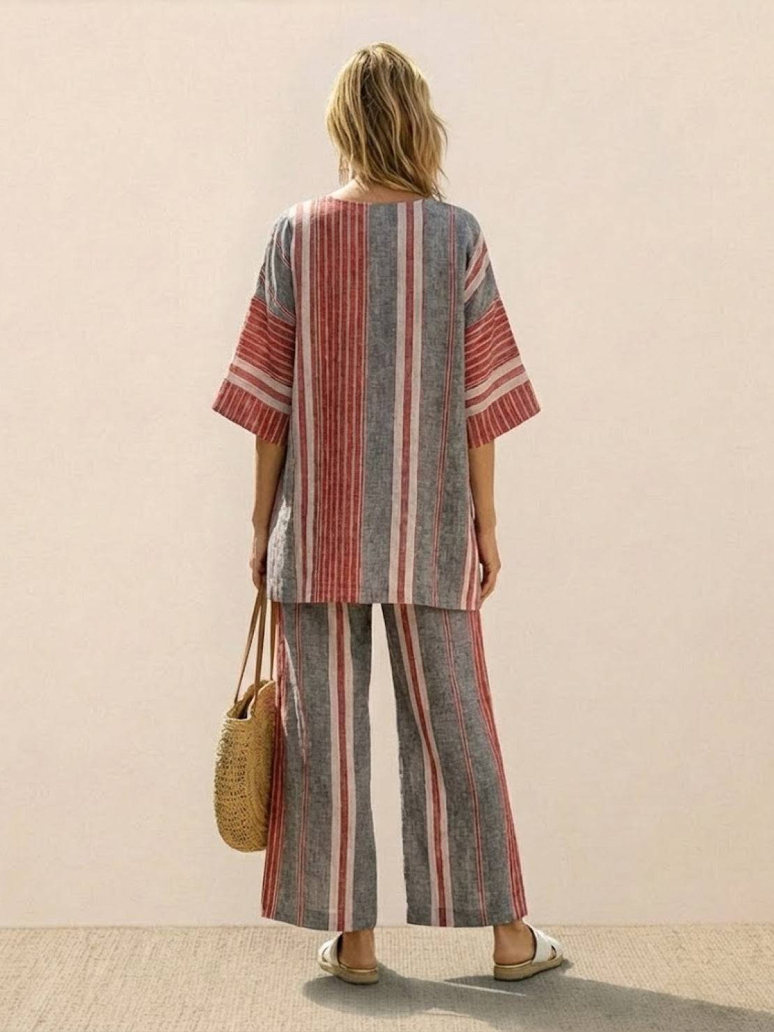 Paloma | Women's Striped Wide-Leg Pants and Tee Set - Casual Two-Piece Outfit