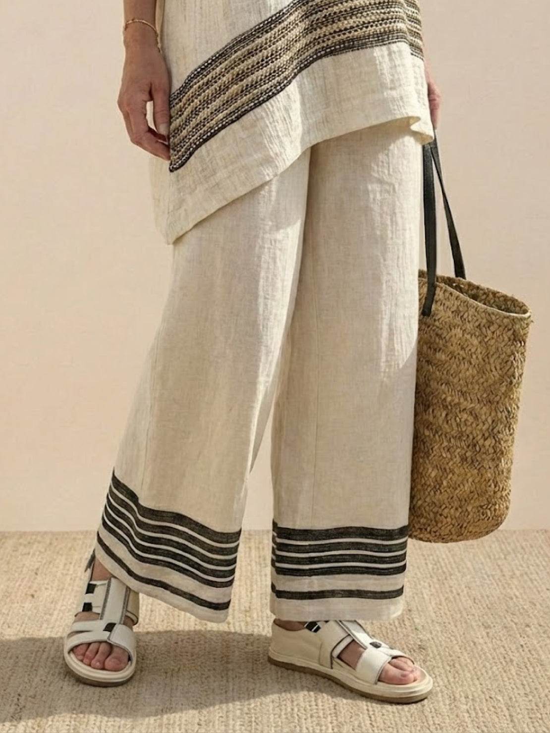 Paloma | Women's Striped Wide-Leg Pants and Tee Set - Casual Two-Piece Outfit