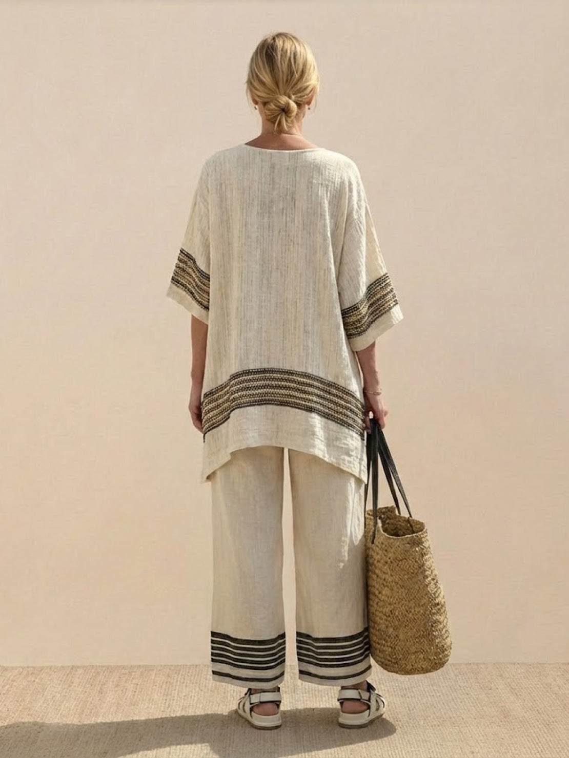 Paloma | Women's Striped Wide-Leg Pants and Tee Set - Casual Two-Piece Outfit