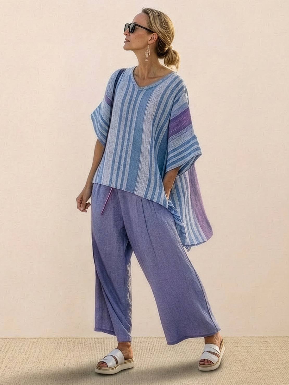 Paloma | Women's Striped Wide-Leg Pants and Tee Set - Casual Two-Piece Outfit