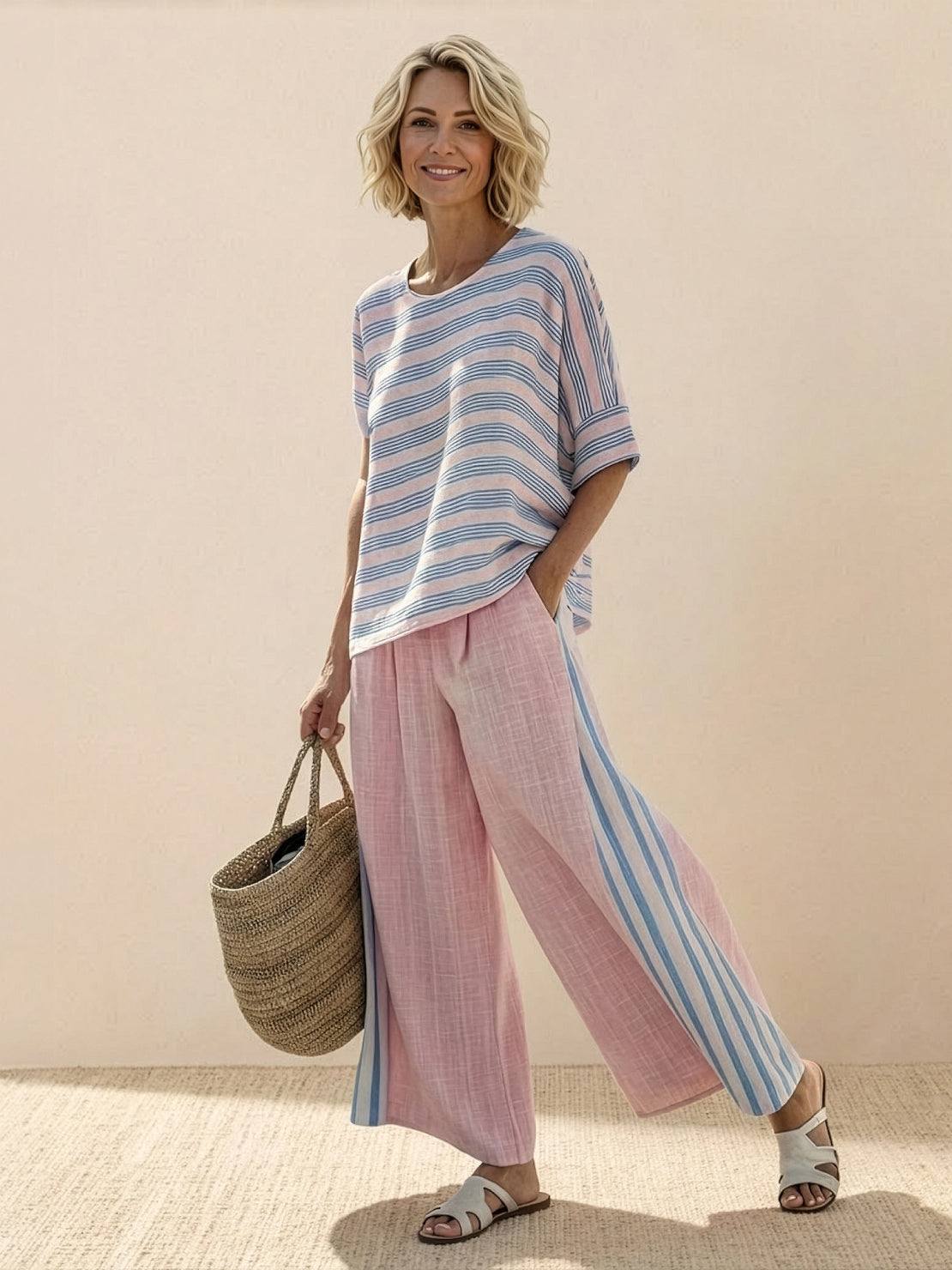 Paloma | Women's Striped Wide-Leg Pants and Tee Set - Casual Two-Piece Outfit