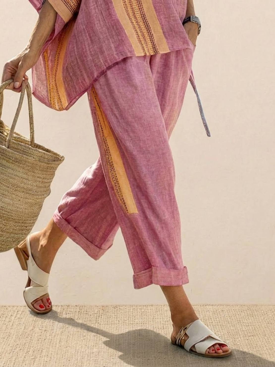 Paloma | Women's Striped Wide-Leg Pants and Tee Set - Casual Two-Piece Outfit