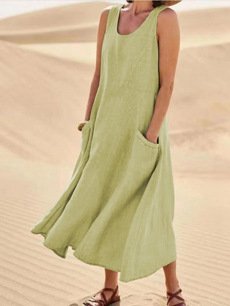 Sage | Women's Sleeveless Maxi Dress with Scoop Neck and Pockets