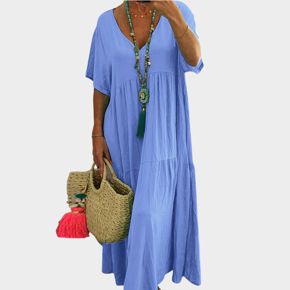 Women’s Tiered Maxi Dress with V-Neck and Short Sleeves