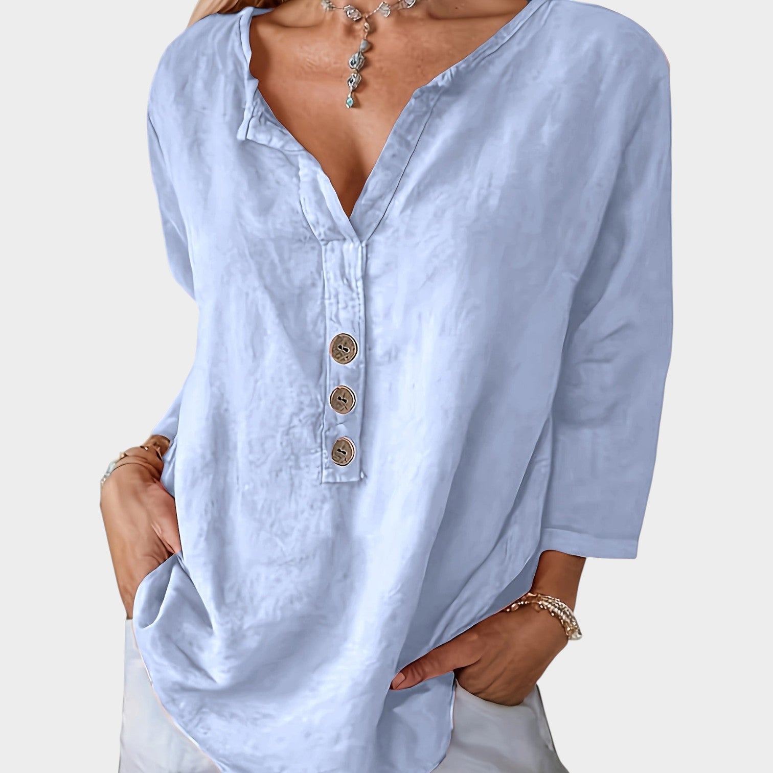 Button Up V-Neck Blouse