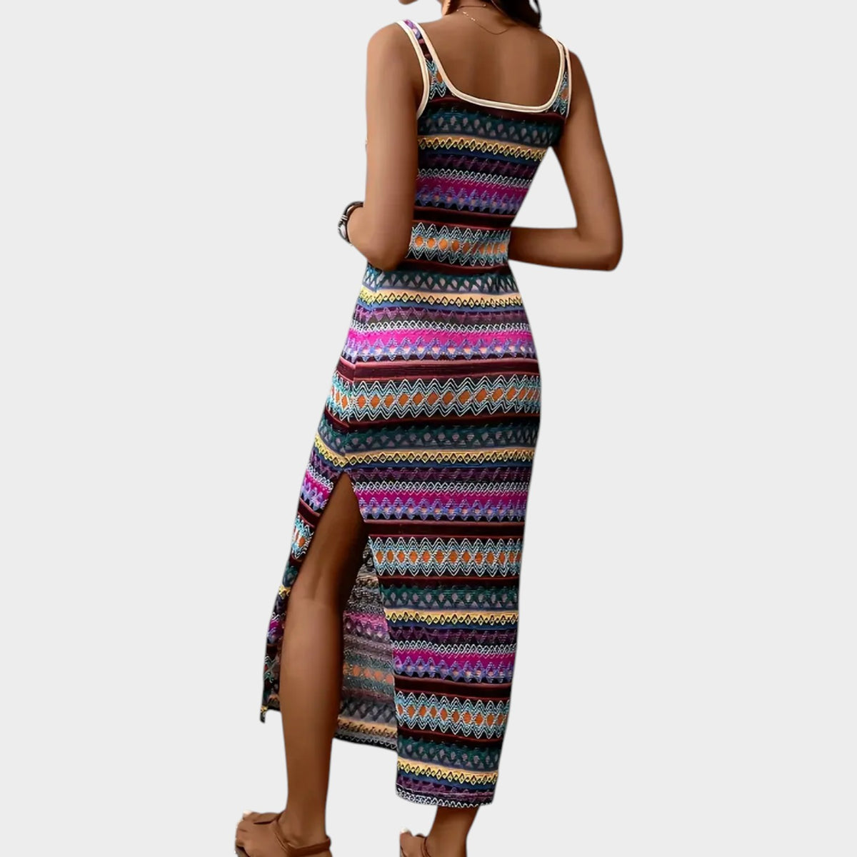 Women’s Striped Midi Dress with Square Neck and Side Slit
