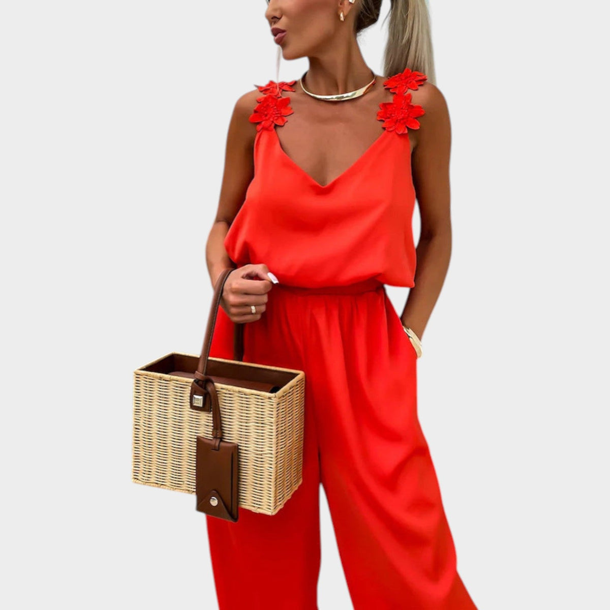 Women's Floral Strap Wide-Leg Jumpsuit