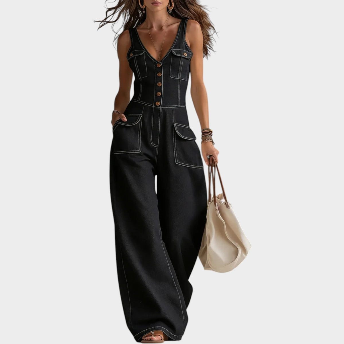 Women's Denim Wide Leg Button-Up Jumpsuit