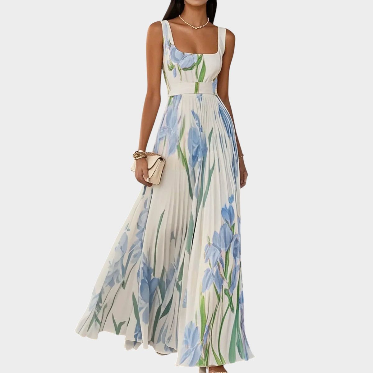 Women’s Pleated Maxi Dress Floral Print Square Neck Sleeveless